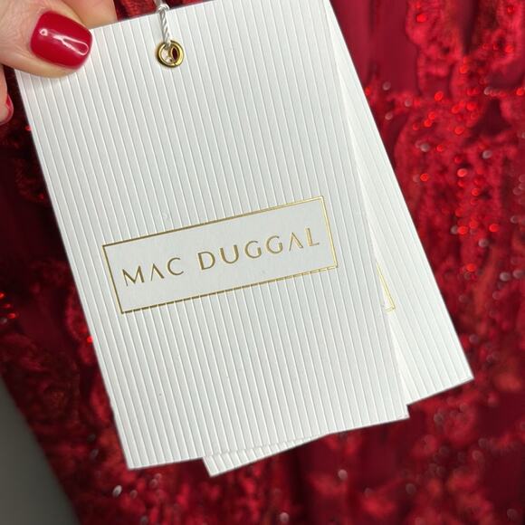 NWT MAC DUGGAL Red Embellished Plunge Neck Illusion Mermaid Gown Women’s - Picture 10 of 14